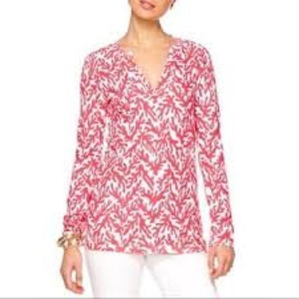 Lilly Pulitzer Captiva Tunic in Island Coral  red white long sleeve size Small